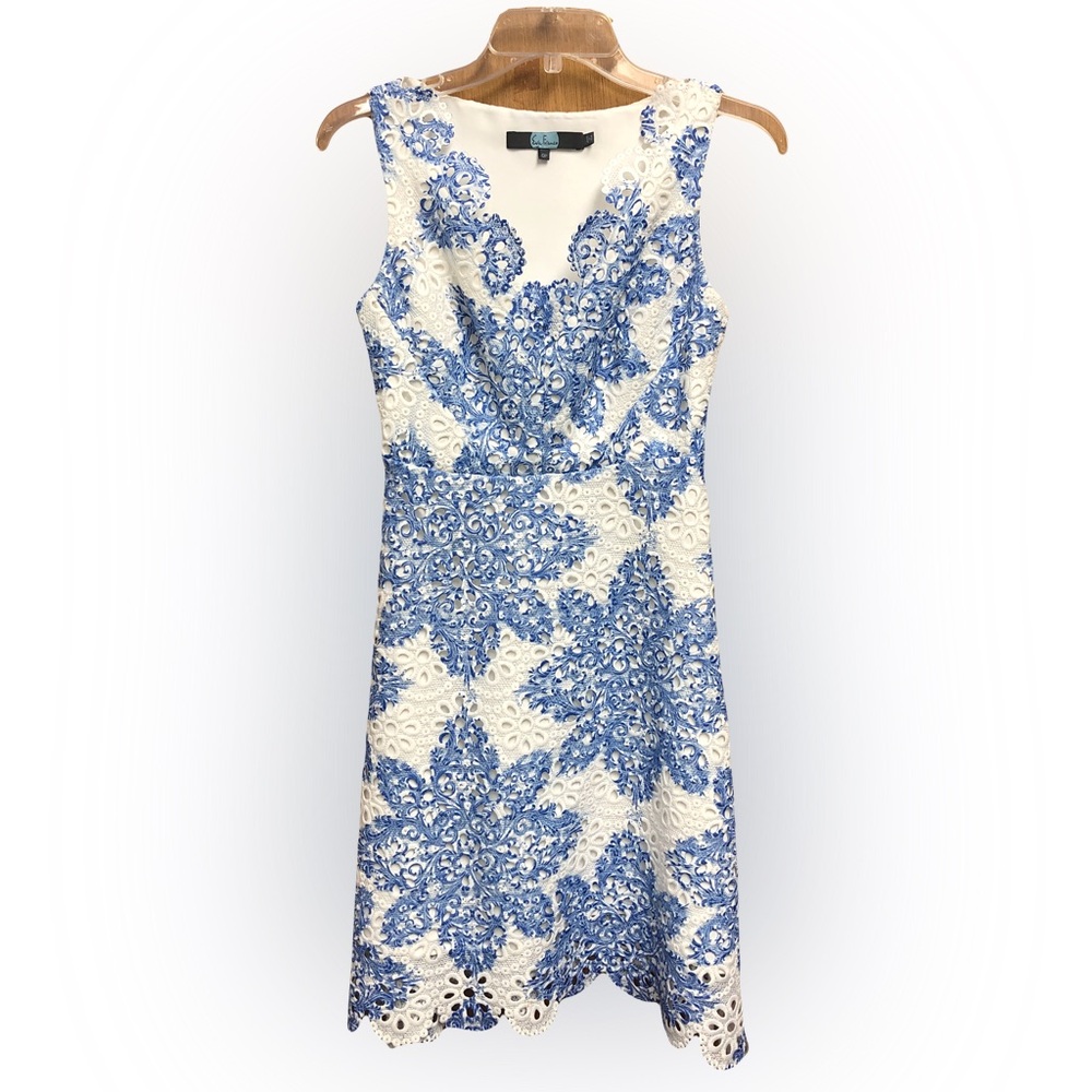 Eva Franco Blue and White Scoop Neck Formal Dress